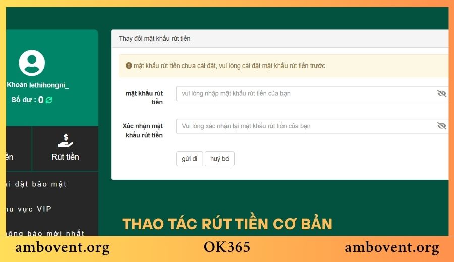 Thao tác rút tiền OK365 cơ bản